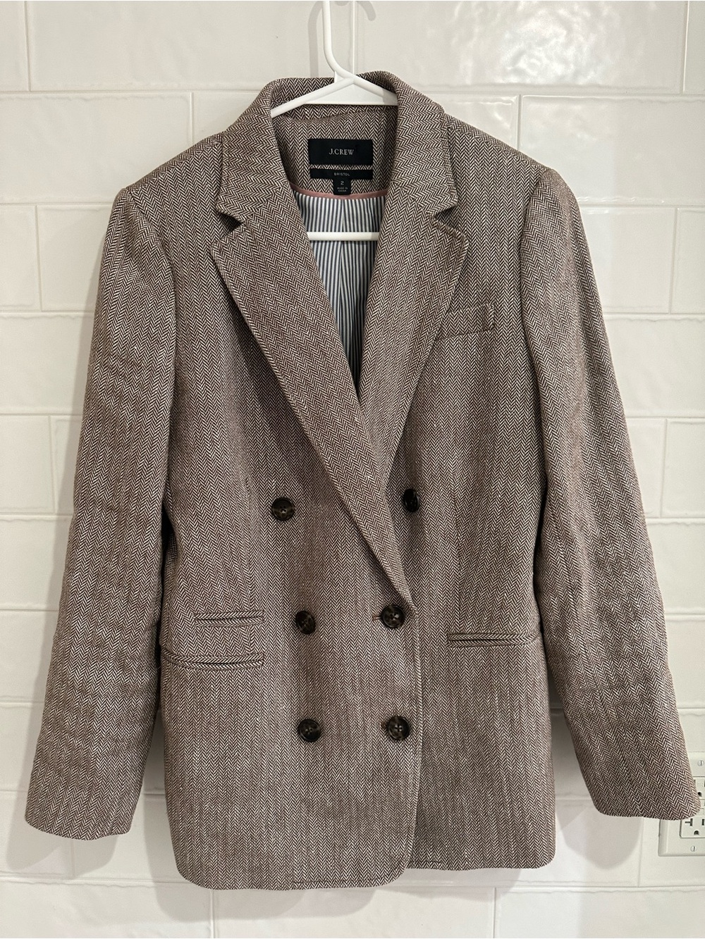 J. Crew Bristol Herringbone Blazer Italian Cotton Linen Double Breasted Sz 2